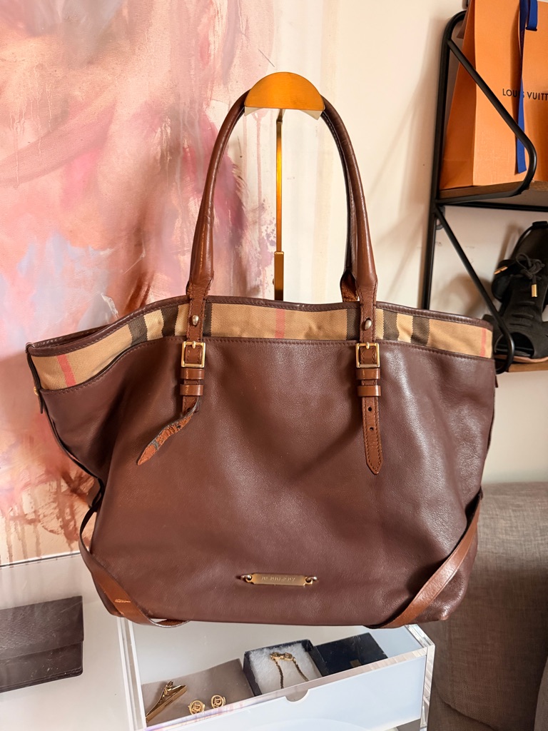 Burberry Tan And Brown Check Canvas Tote With Leather Trim